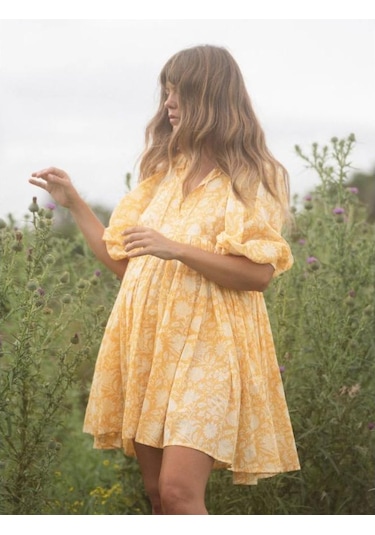 Yaz Kadın Elbisesi Moda Büyük Metre Gevşek Askılı Kişiselleştirilmiş Edebi Retro Avrupa Ve Amerikan Tarzı Baskılı Elbiseler Sarı