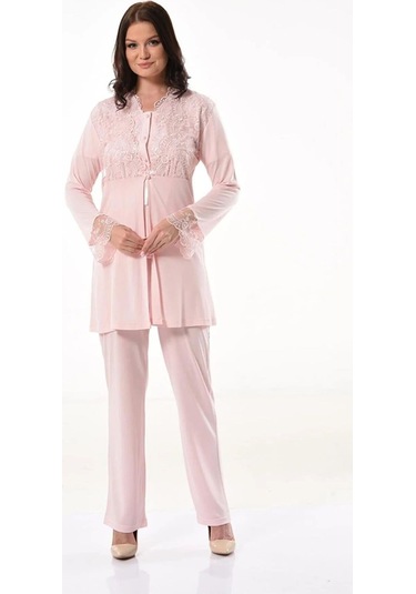 Xses 4300 Kadın Hamile Lohusa Sabahlıklı Pijama Takım-pudra