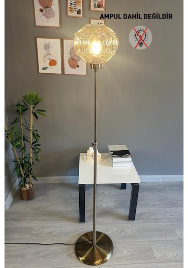 Şila Cam Bal Rengi Düz İnce Gövde Lambader Modern Oturma Odası Natural