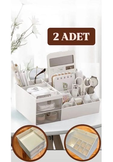 2 Adet Office 2 Çekmeceli Masa Üstü Düzenleyici - Ofis Kalemlik B Beyaz