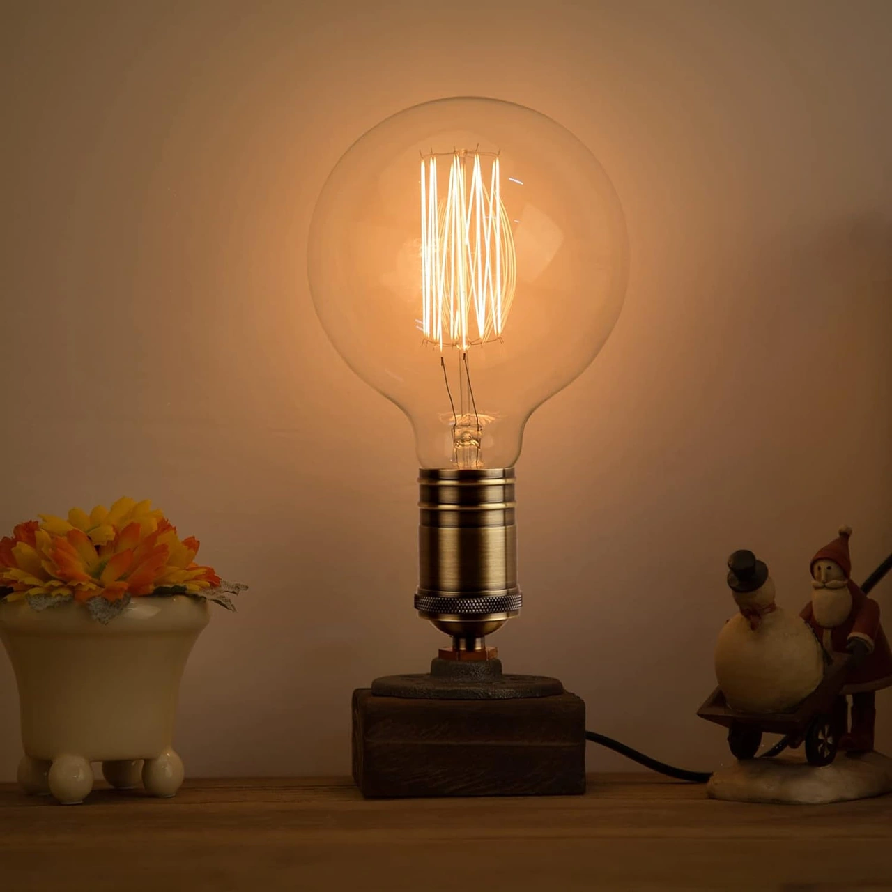 Geeroyoo E27 Ampul Hariç Elden Yapımı Retro Endüstriyel Ahşap Lambası - Oturma Odası, Yatak Odası Dekoratif Aydınlatma - Manuel Kablolu Anahtar İle Açma/kapatma Şeffaf