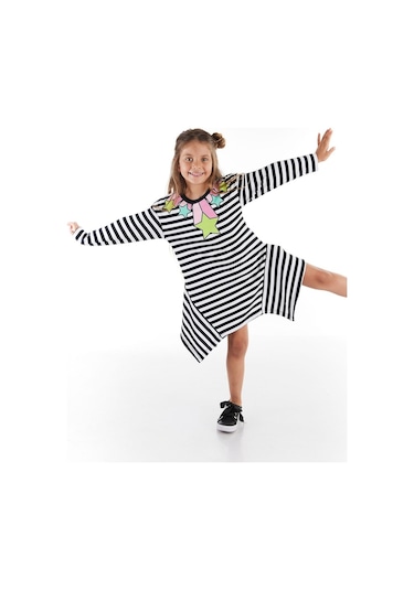 Denokids Mushi Stars Stripe Kız Elbise Siyah