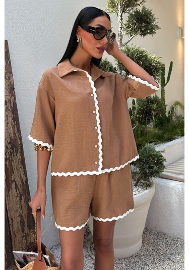 Kadın Camel Keten Biye Detaylı Kısa Şortlu Takım Camel