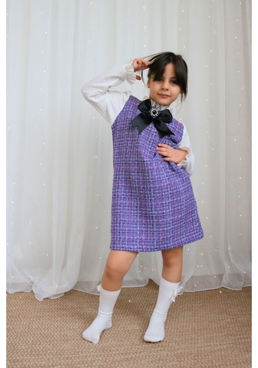 Kız Çocuk Lila Mor Vanessa Broş Detaylı Tüvit Uzun Kollu Yılbaşı Elbisesi