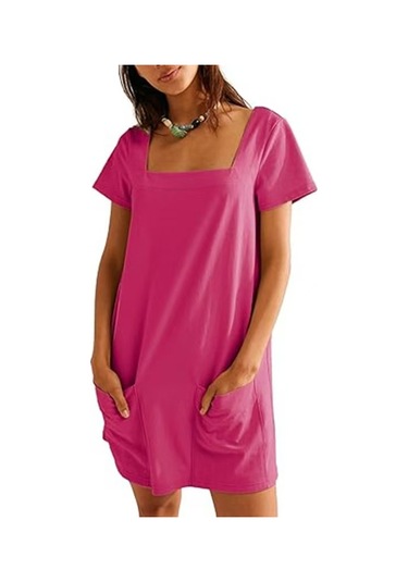 Kare Yaka Kısa Kollu Moda Kısa Etek Cep Günlük Elbise Gül Kırmızısı