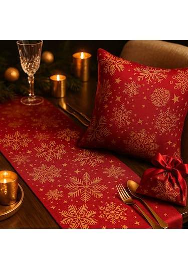 Kırmızı Yılbaşı Masa Runner + Kırlent + Hediye Kesesi 3'lü Set Kar Tanesi Desenli Kırmıızı