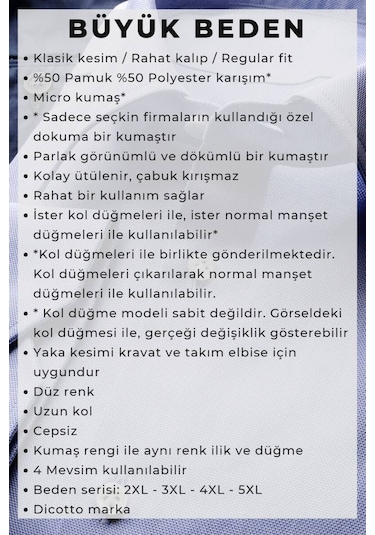 Lacivert Büyük Beden Rahat Kesim Micro Kumaş Kol Düğmeli Regular Fit Erkek Gömlek - 190-12 001