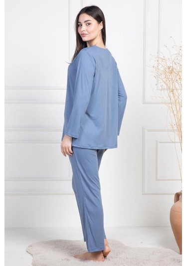 Mecit 6105 Bayan İndigo Büyük Beden Boydan Düğmeli Pijama Takımı İndigo