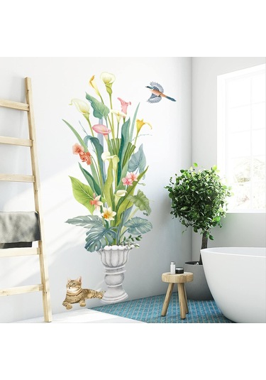Çiçek Vazo Kedi Pvc Duvar Sticker Kendinden Yapışkanlı Ev Oturma Odası Dekorasyon Sticker Çıkarılabilir 62 115 Cm Şeffaf