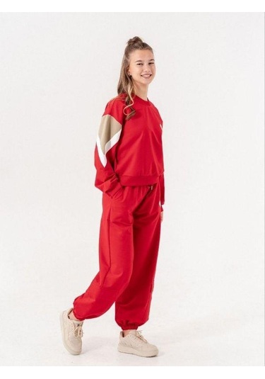 Kız Çocuk 2 İplik Kalp Aplikeli Tasarım Eşofman Takım-14216 Kırmızı