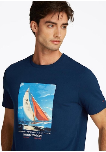 Erkek Hılfıger Color Photo Prınt Tee T-shirt Mavi