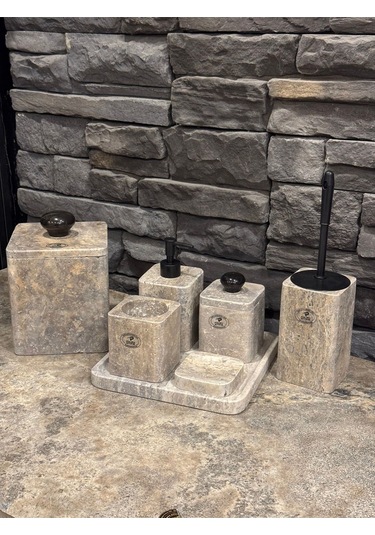 Silver Traverten Kare Model Yedi Parça Banyo Seti Beyaz