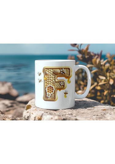 F Harfi Bal Arısı Tasarım Kupa Bardak - Bal Ve Petek Desenli Kişiye Özel Kahve Kupası - Hediyelik Beyaz