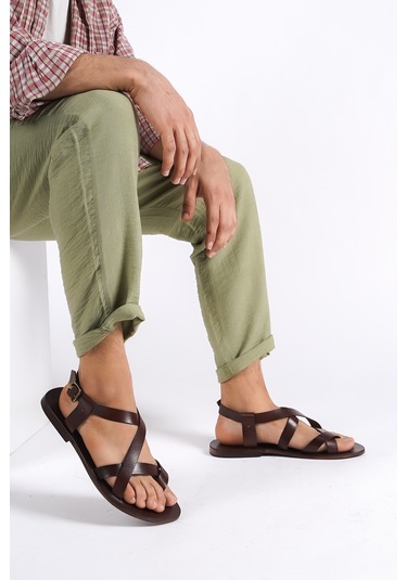 Sur Sandalet El Yapımı Kösele Erkek Bodrum Sandalet Kahverengi