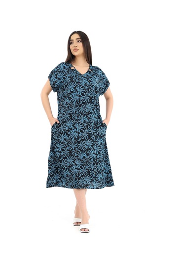 Schık Kadın Viskon Yarım Kol V Yaka Halkalı Cepli Elbise Petrol Mavisi Petrol Mavi