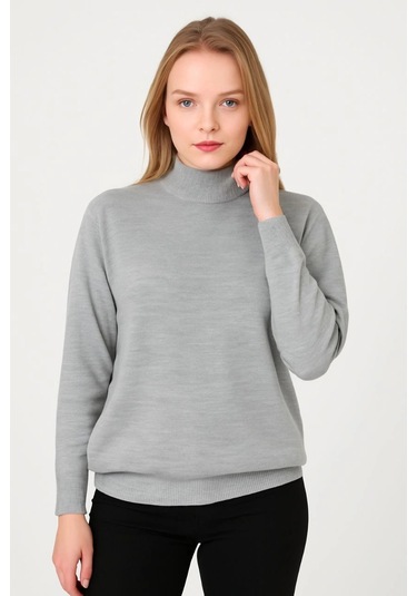 Kadın Yarım Boğaz Triko Kazak Yumuşak Dokulu Pamuklu İnce Dokuma, Uzun Kollu Rahat Regular Kalıp - Gri Siyah