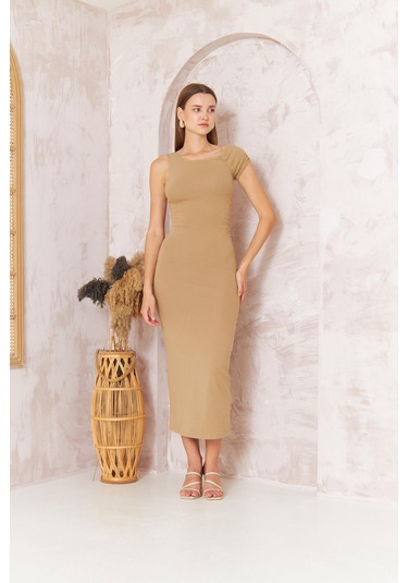 Kadın Kısa Kollu Tek Omuz Kaşkorse Bej Elbise Dm1051 Bej
