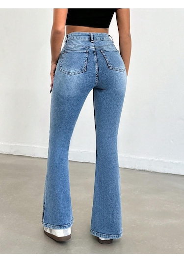 Kadın İspanyol Paça Yırtmaçlı Jeans Mavi Mint Yeşili