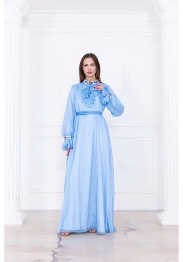 Yaka Fırfırlı Boncuk İşlemeli Şifon Abiye 2716-bebe Mavisi Bebe Mavisi Mavi