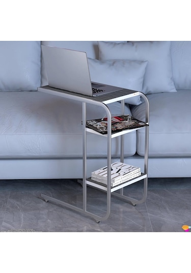 Modilayn C Yan Sehpa Dar Boy Tekerlekli Çalışma, Atıştırmalık, Yemek, Laptop Sehpası Siyah Çizgili Siyah