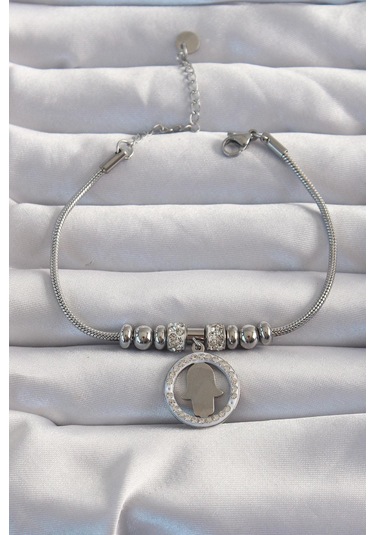 Bluefeet Çelik Gümüş Renk Zirkon Taş Aksesuarlı Fatma Ana Eli Bileklik