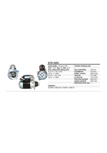 12V Marş Motoru Valeo Tipi 9 Diş Renault R12 Toros N11.508