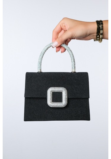 Valeria Siyah Simli Taşlı Kadın El Çantası Siyah Simli