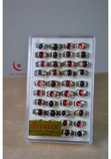 Erkek Tuğra Motifli Taşlı Metal Yüzük Uzun Ömürlü, Şık Tasarım 40 Lı Kutu Gümüş