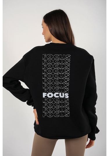 Modagen Kadın Siyah Focus Sırt Baskılı Bisiklet Yaka Oversize Sweatshirt Siyah