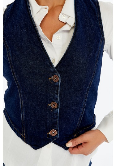Kadın Denim Yelek Şık Düğmeli Jean Yelek, Günlük Ve Casual Kombin Koyu Mavi