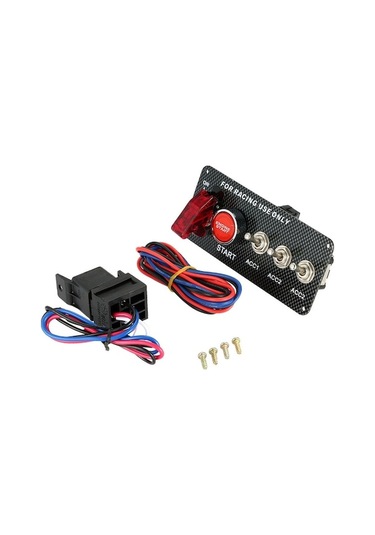 Racing Stili Araba Modifikasyonu Anahtar Paneli - Kırmızı Başlatma Düğmesi Ve 3 Toggles, Karbon Fiber, 12v, Dıy Montaj Seti