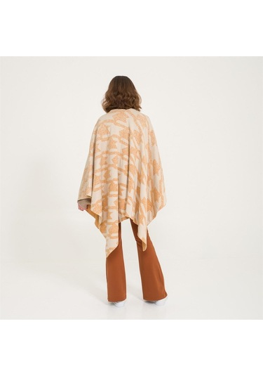 Kaz Ayağı Desen Çift Taraflı Triko Kadın Şal Panço-Safran-140X140 Safran