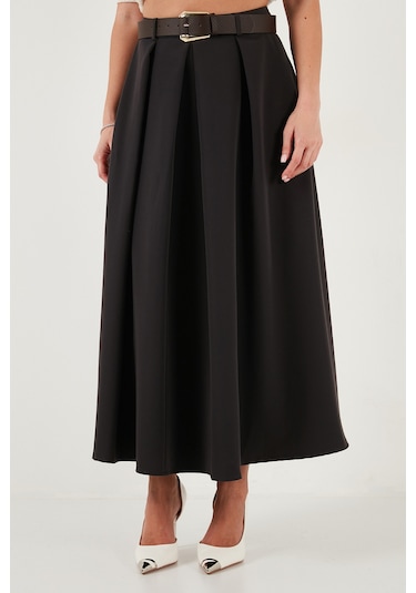 Lela Modest Kemerli Comfort Fit Yüksek Bel Pileli Kloş Uzun Tesettür Bayan Etek 6833360 Koyu Kahve