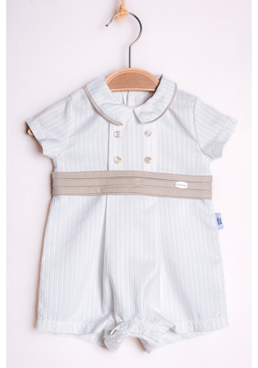Yazlık Pileli Kemerli Düğme Detaylı Bebe Erkek Tulum Bej