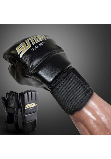 1 Çift Mma Muay Thai Eğitimi Delme Yarım Parmak Eldiveni Müsabaka Boks Eldiveni Siyah