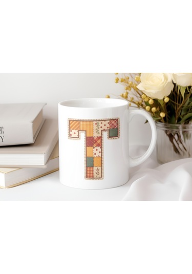 T Harfi Sonbahar Kış Temalı Yamalı Tasarım Kupa Bardak - Etnik Ve Pathwork Severlere Özel Hediye Beyaz
