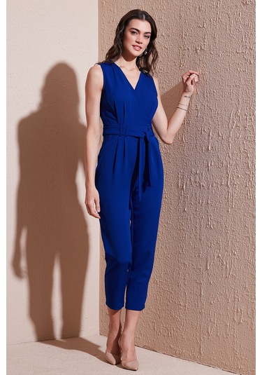 Lela Slim Fit Düz Paça Kruvaze Yaka Kemerli Bayan Tulum 6783626 Saks