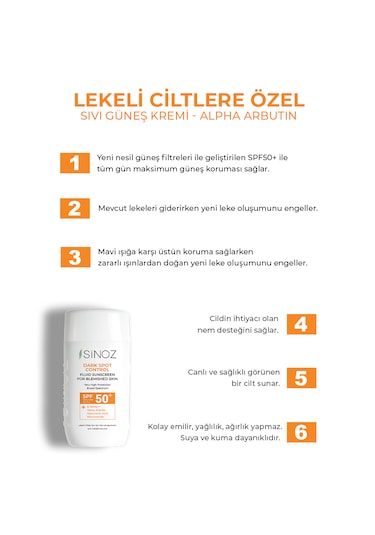 Sinoz Koyu Cilt Lekelerine Etkili Sıvı Yüz Güneş Kremi Hibrit Formül PA++++ SPF50+ 50 ML