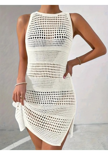 Kadın Askılı Derin Sırt Dekolteli Ajurlu Triko Pareo Beyaz