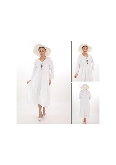 İtalyan V Yaka Uzun Kol Keten Elbise-8907 Beyaz