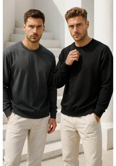 Rich Erkek 2'li Paket Siyah - Antrasit Bisiklet Yaka Scuba Basic Sweatshirt Siyah