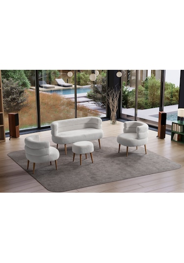 Barel Özel Tasarım Çay Seti Koltuk Takımı,berjer Ve Puf Ofis Balkon Cafe Bahçe Salon Mobilyası 4 Lü Takım Beyaz Beyaz