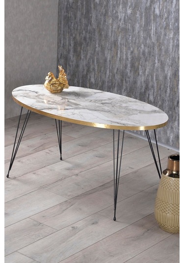 Orta Sehpa Elips Siyah Tel Ayak Altın Efes Beyaz Mermer Desen