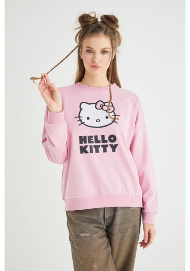 Hello Kitty Lisanslı Baskılı Oversize Fit Pembe Sweatshirt Renkli