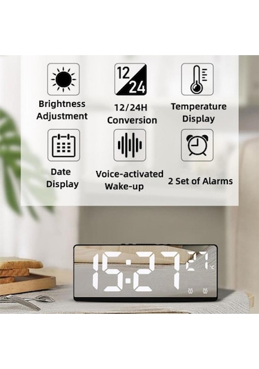 Yeşil Ses Kontrolü İle Dijital Ayna Çalar Saat Sıcaklık, Çift Alarm Erteleme Masaüstü Masa Saati Gece Modu 12/24 H Led Saat