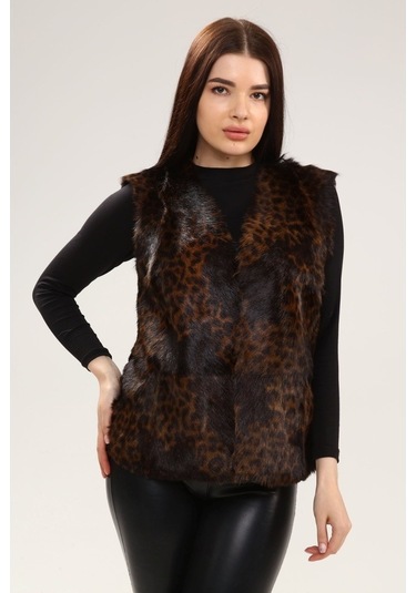Leatinn Leopar Desenli Kadın Deri Yelek Çok Renkli