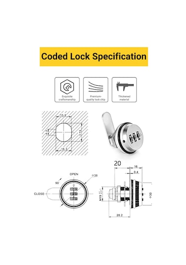 Qingmipy Xt20 Üç Basamaklı Kombinasyonlu Kilit - Anahtarsız Yeniden Ayarlanabilir - Çekmece, Dolap, Dosya Kabineti İçin Gümüş Rengli Çelik Kilit