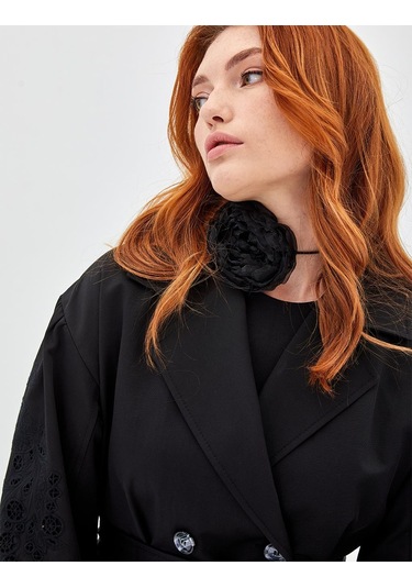 Kadın Nakışlı Lazer Kesim Trençkot - Siyah Siyah