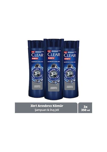 Clear Men Arındırıcı Kömür 3'ü 1 Arada Şampuan ve Duş Jeli 3 x 350 ML