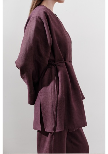 Keten Kruvaze Kapama Kimono Mürdüm Mürdüm